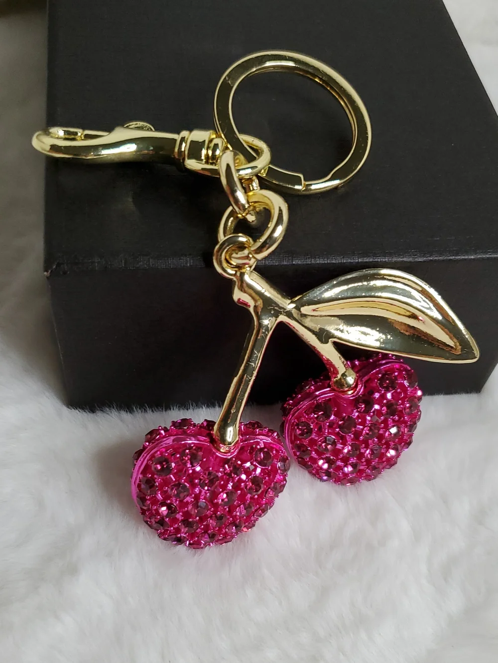 CC Boutique Gold Cherry Keychain with Hot Pink Crystal Cherries